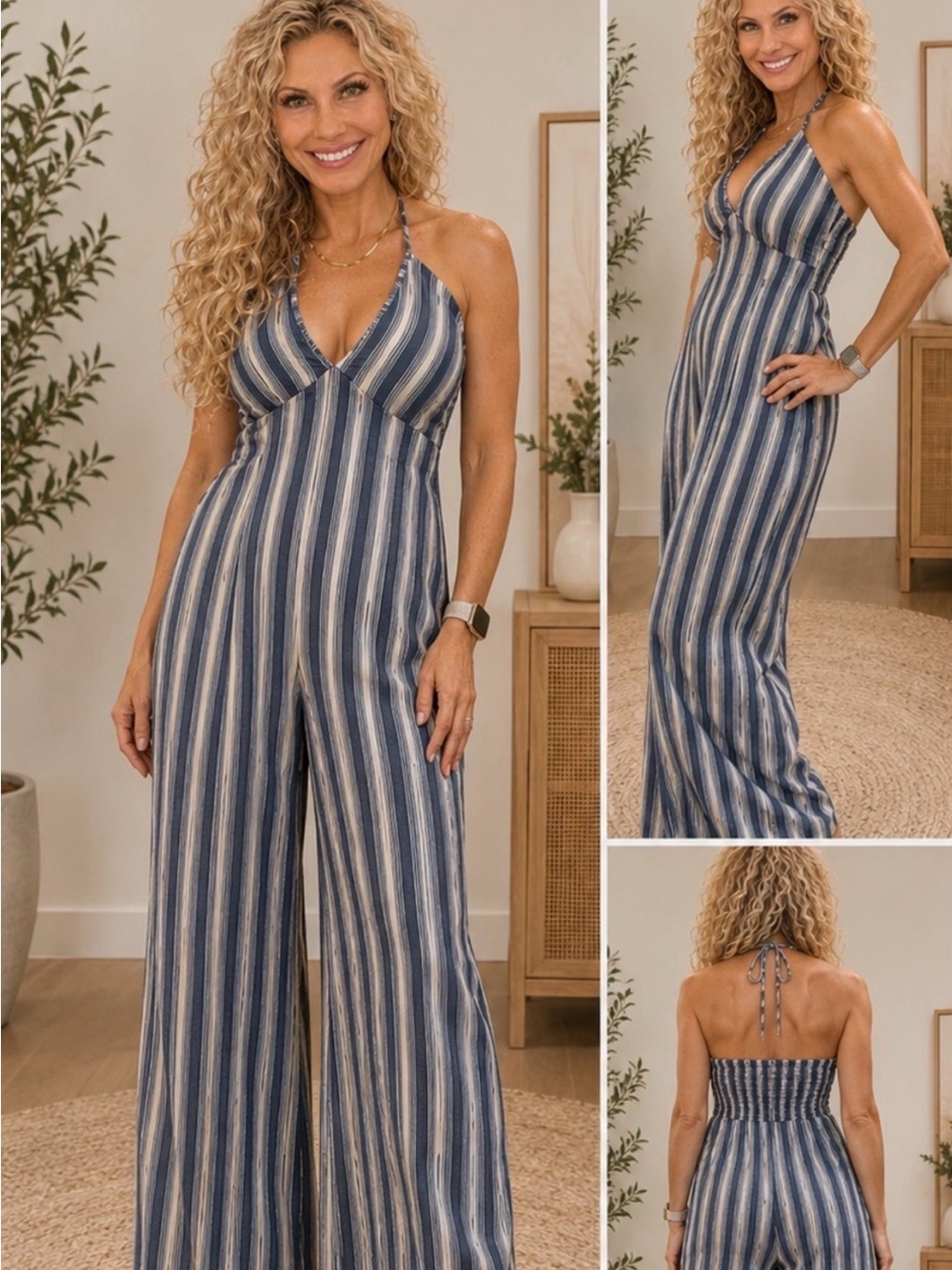 Cupshe Striped Halter Wide-Leg Jumpsuit in Navy & White - Small